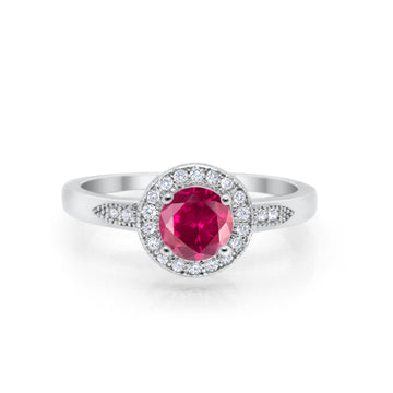 Halo Art Deco Engagement Ring Round Simulated Ruby CZ 925 Sterling Silver